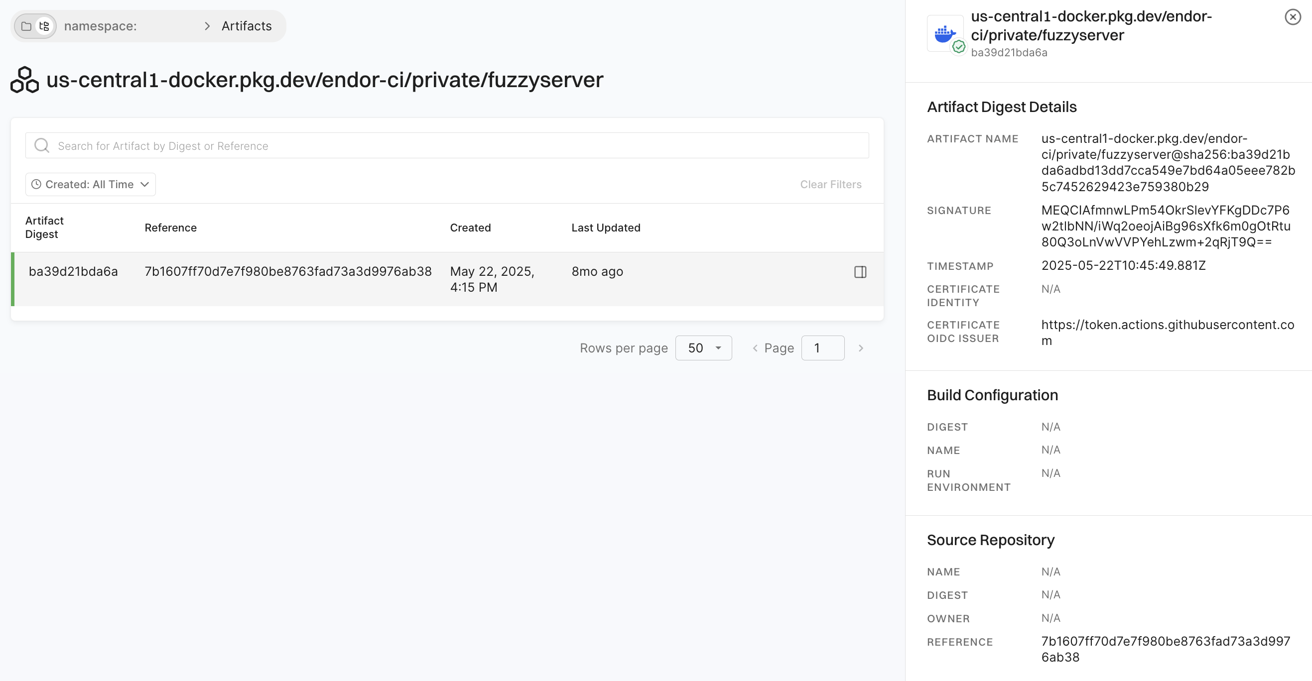 View artifact digest details