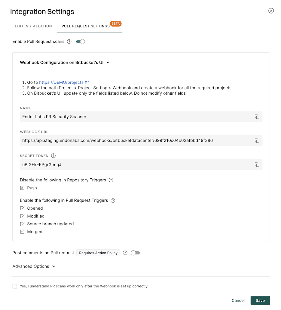Edit integration in Bitbucket Data Center