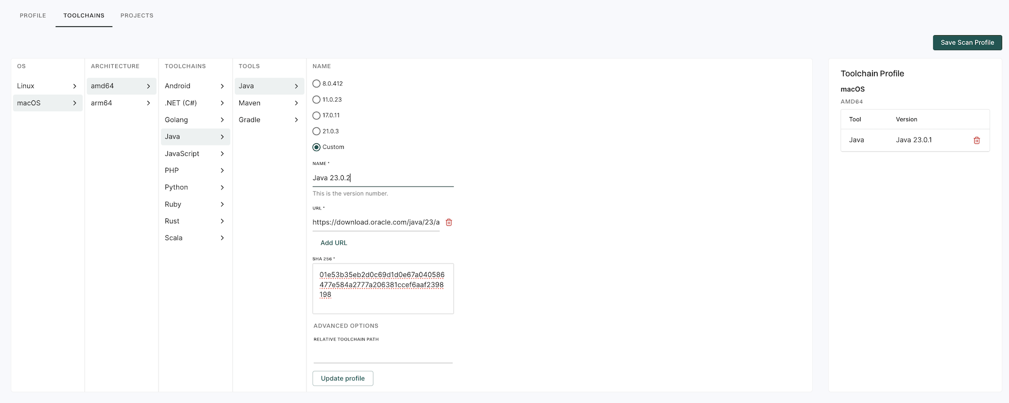 Custom toolchain version for Java which is not provided by Endor Labs