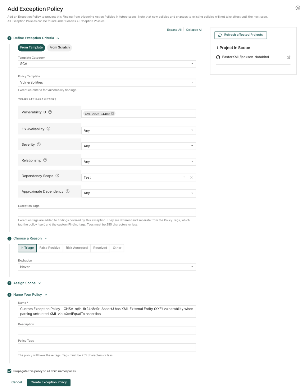 Exception from finding