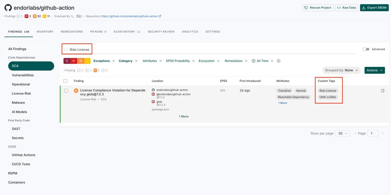 Search findings tags on UI
