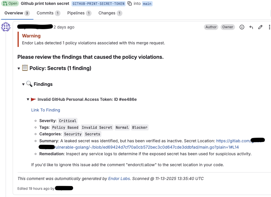 GitLab MR comment secret details
