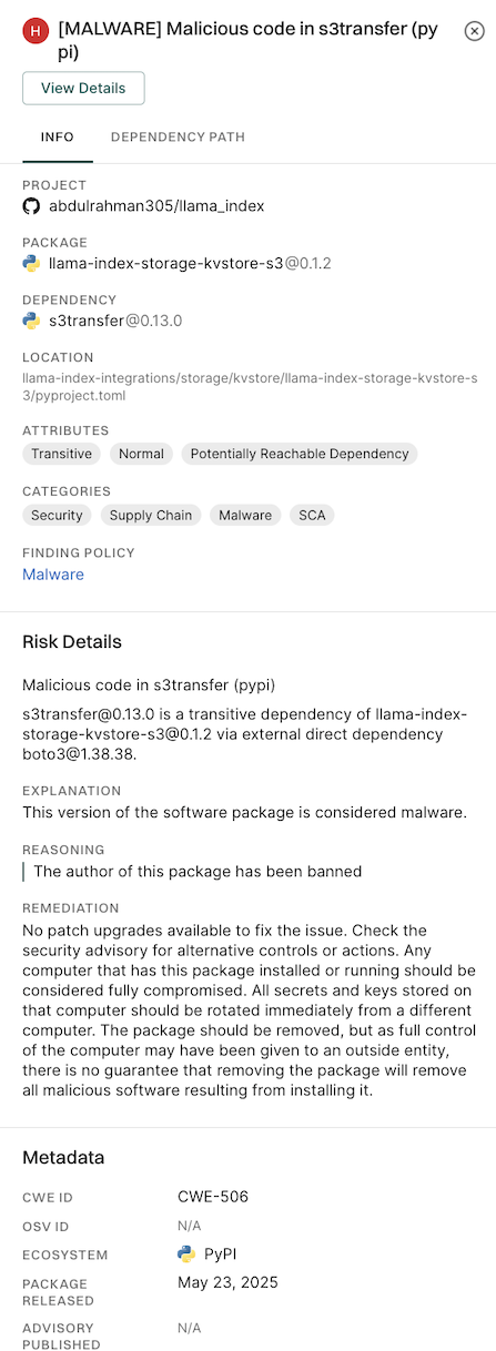 Malware Findings Side Panel