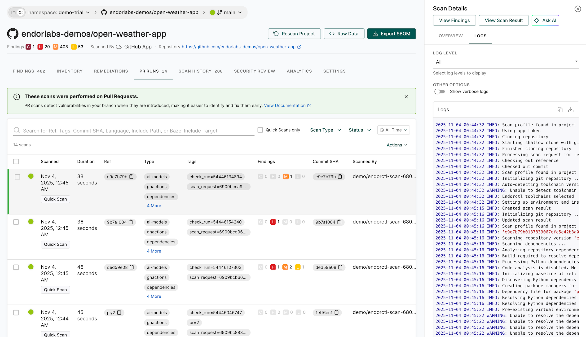 pull request scans history logs