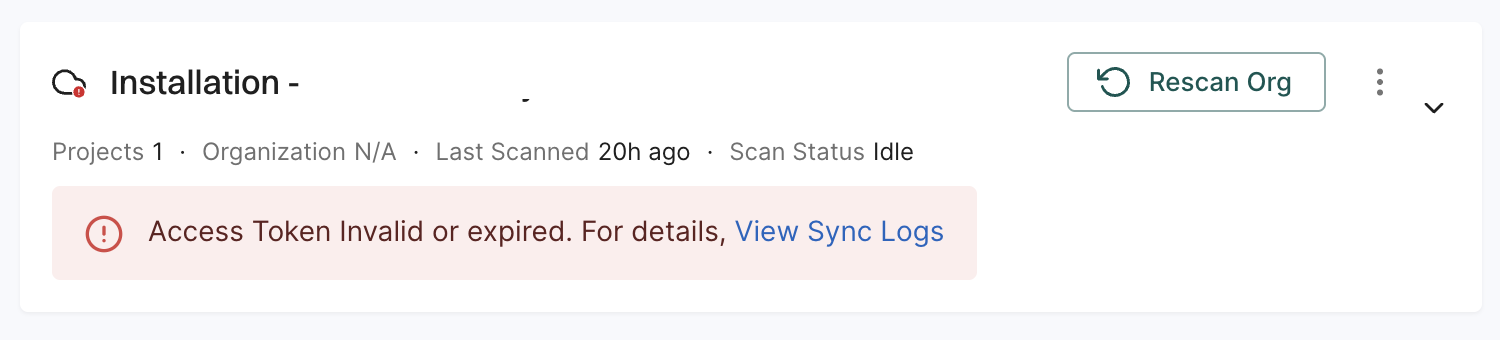 Sync logs showing error