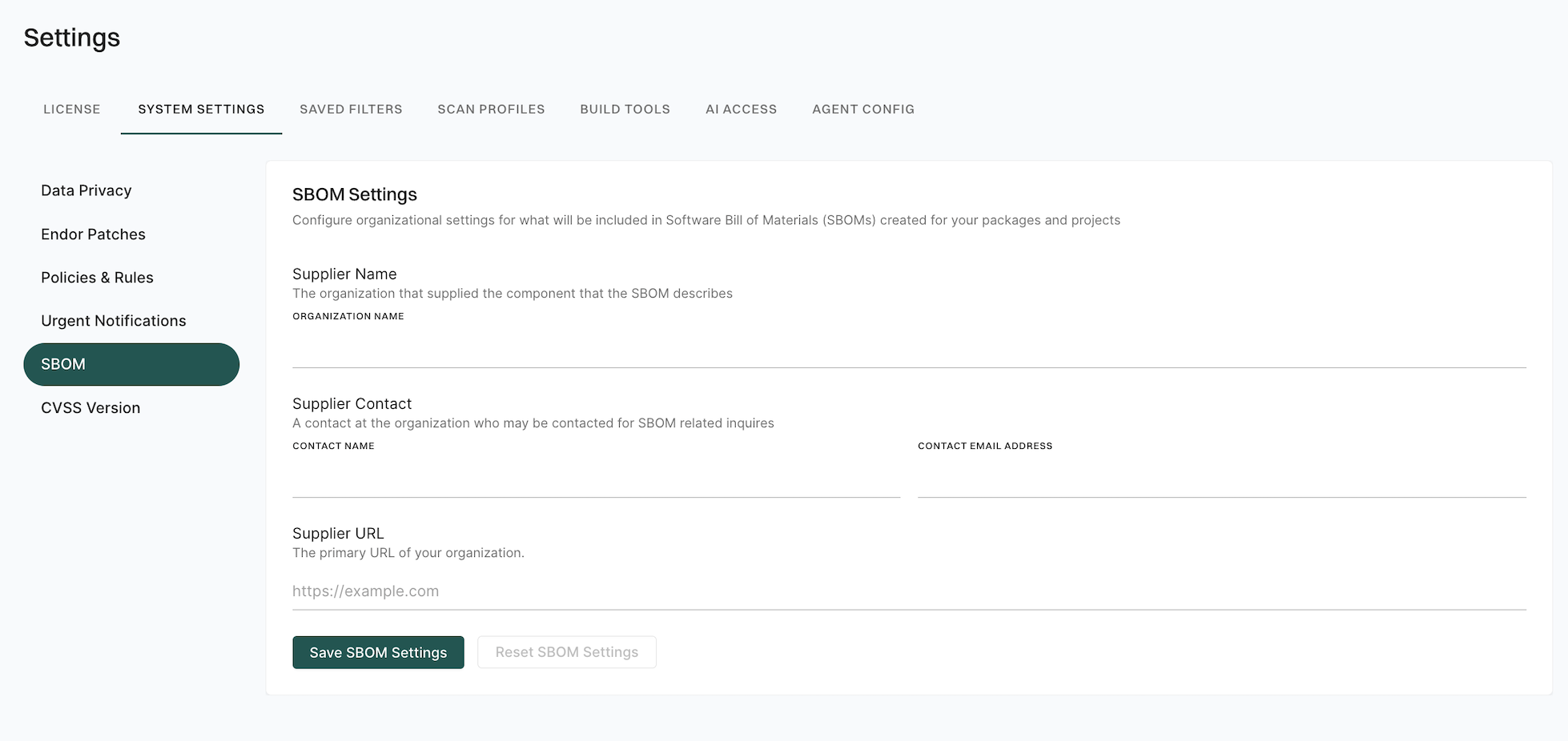 SBOM settings
