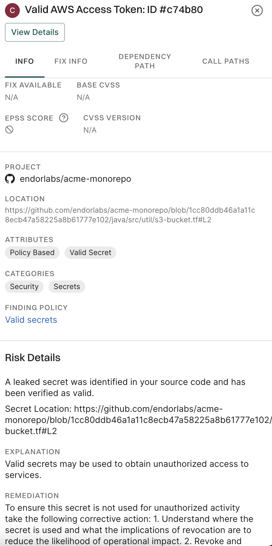 Secrets findings right sidebar