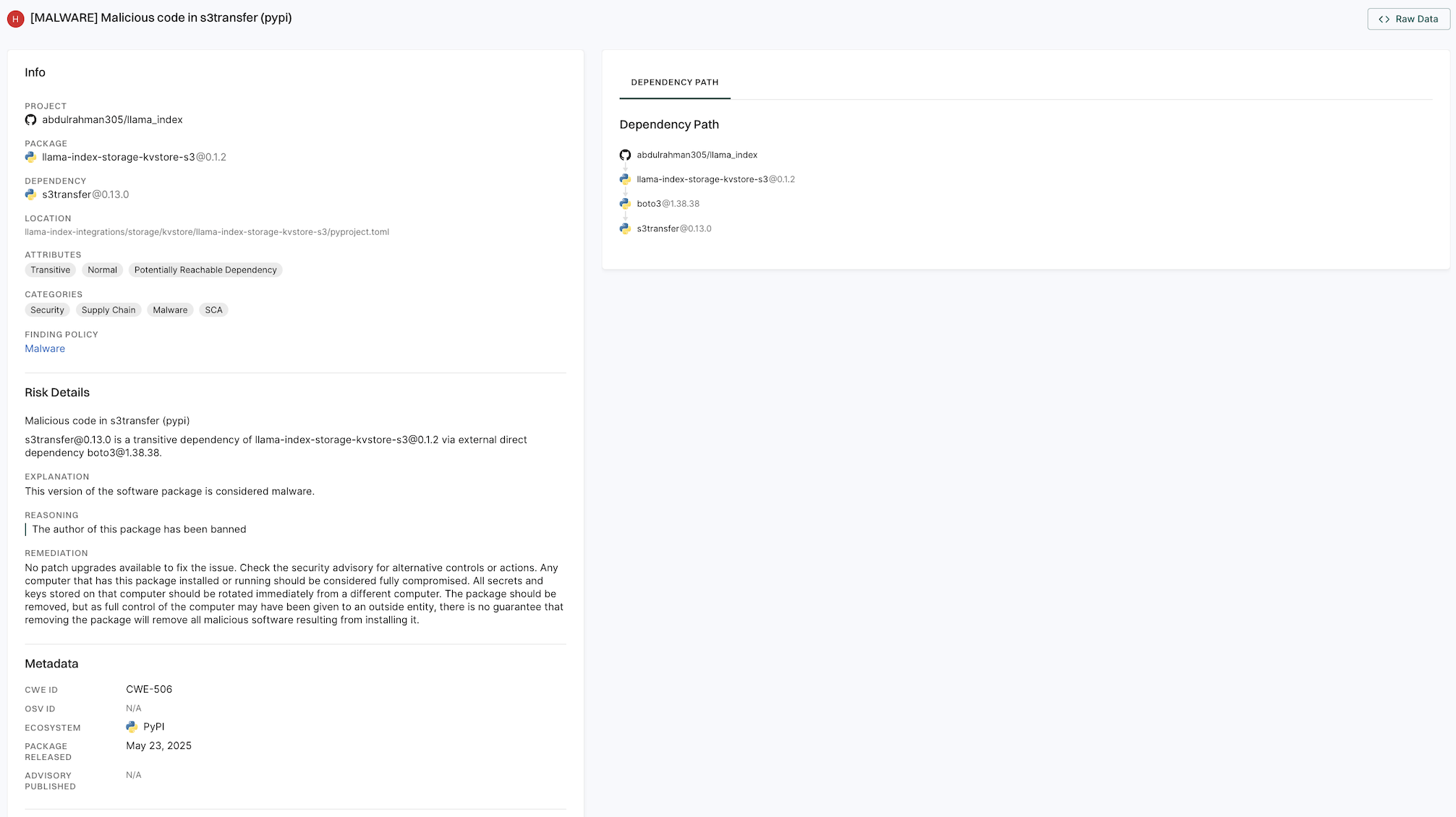 Malware Findings view details