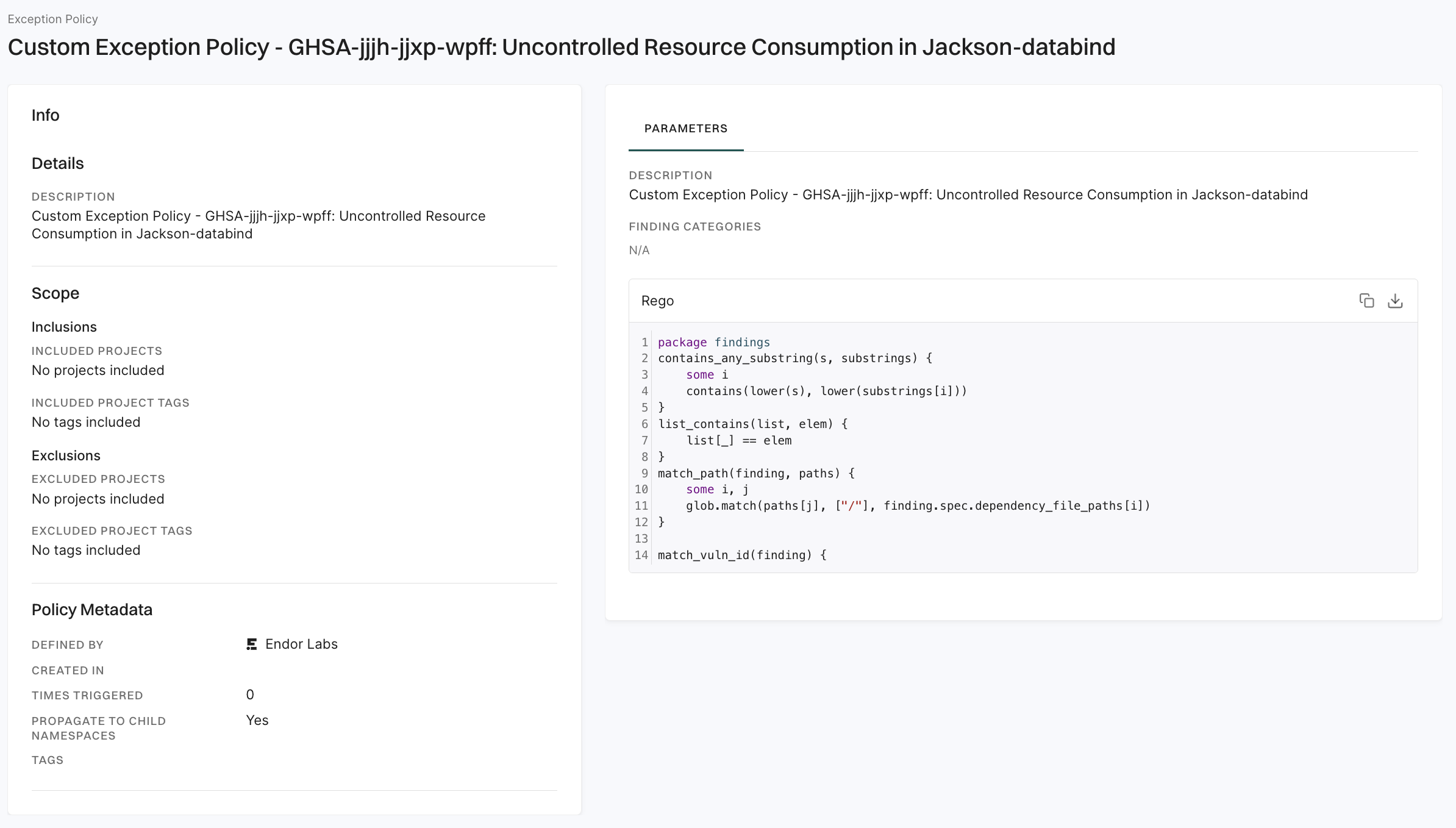 View exception policy details