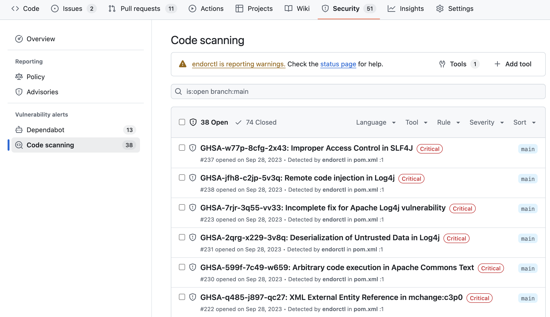 View findings in GitHub